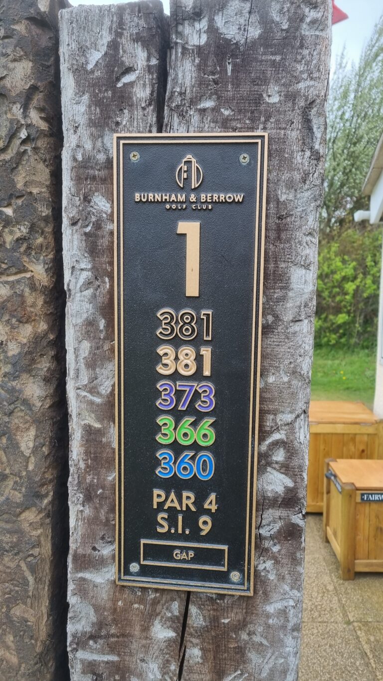 Plaque on a weathered wooden post reading Burnham & Berrow Golf Club, Hole 1, with colored hole numbers for the course.