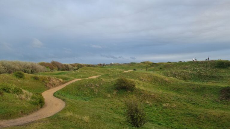 Wide grassy dune landscape with a winding dirt path leading to a hilltop where a few people stand against a cloudy sky.