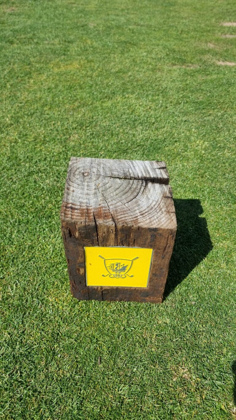 Weathered wooden stump on a green lawn with a yellow plaque showing a crest that resembles a heraldic emblem.