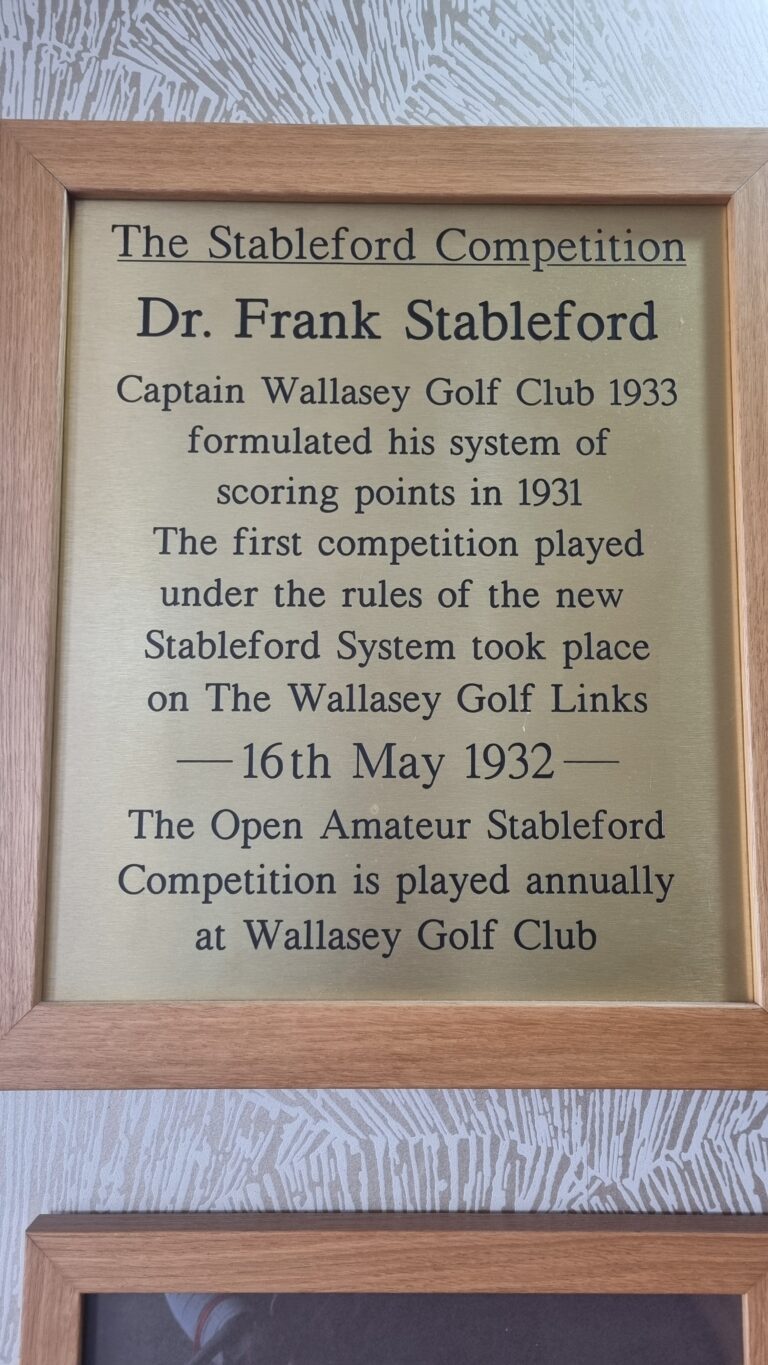 Brass framed plaque describing The Stableford Competition and Dr. Frank Stableford, with notes about the 1932 scoring system at Wallasey Golf Club (1931–1932).