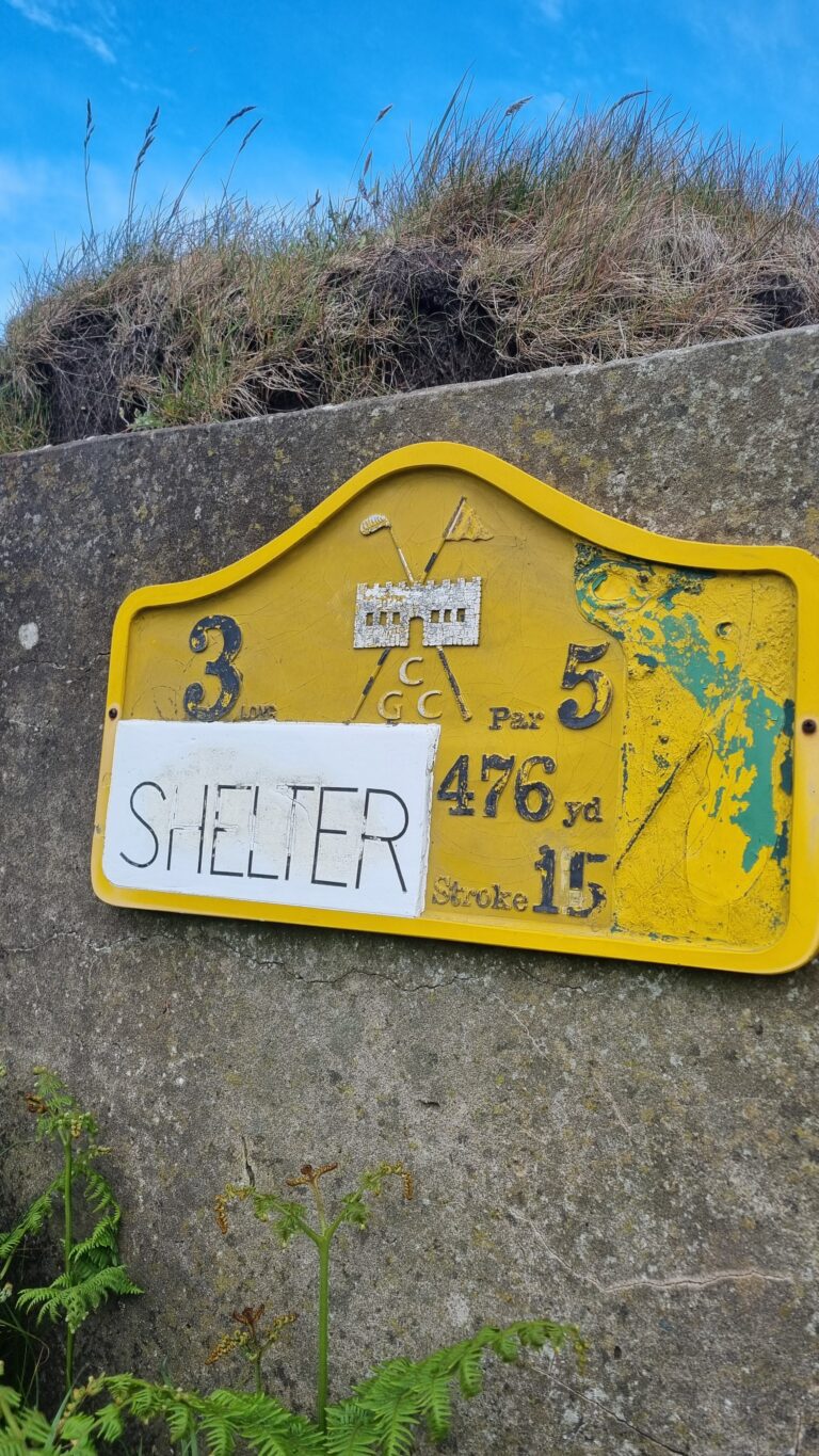 Weathered yellow shelter sign mounted on a rough concrete wall, with grass on the embankment above; a white 'SHELTER' label covers part of the sign and a distance of 476 yd is visible.