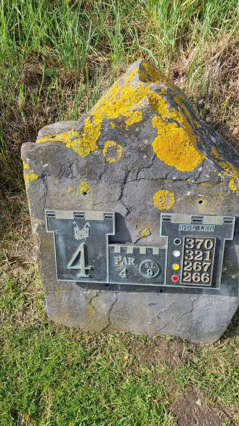 Stone marker with yellow lichen and a golf score plaque reading hole 4, par 4, with distance numbers on the right side.