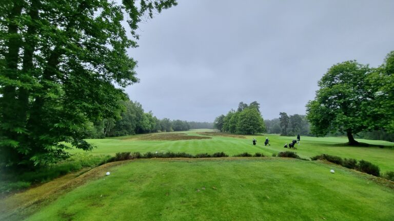 Lush golf course fairway framed by trees on both sides, with players and golf bags visible in the distance under a cloudy sky.