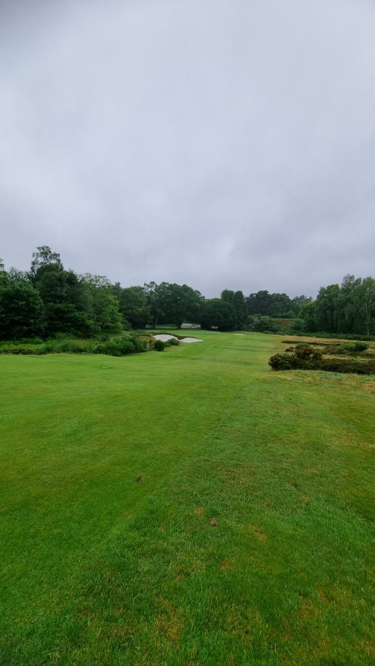 Wide view of a green park-like field with a sand bunker and trees along the horizon under a cloudy sky.