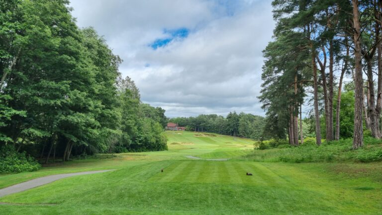 Golf course fairway lined by tall trees, with a distant clubhouse and green landscape under a partly cloudy sky on a sunny day